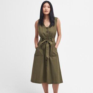 NWT BARBOUR Cotton, Linen Rutherglen Midi Dress - Khaki, Size 8/M/ EUR38